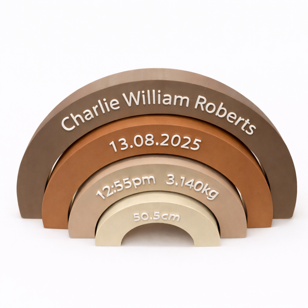 personalised baby birth stats arch with name date time weight and length in neutral tones