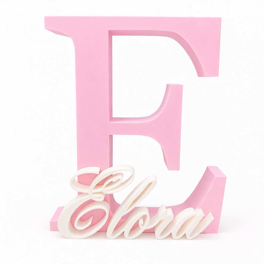 personalised initial and name sign with pink letter E and white script name Elora